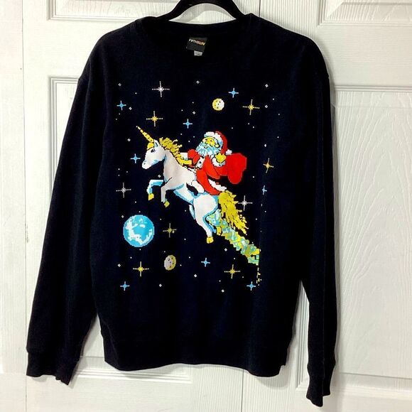 Santa Unicorn Ugly Christmas Sweatshirt Fifth Sun Brand Black L - Picture 1 of 8
